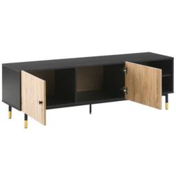 Wyld and Coco 65-inch TV Stand - Black Frame with Light Wood Shelves and Metal Legs - thumbnail 4