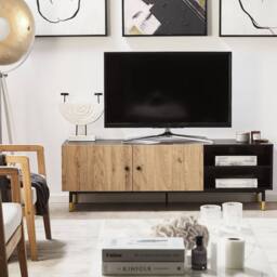 Wyld and Coco 65-inch TV Stand - Black Frame with Light Wood Shelves and Metal Legs - thumbnail 1