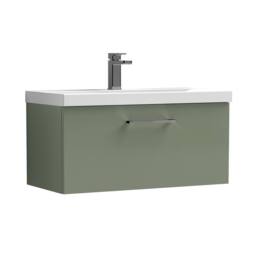 Balterley 800mm Wall Hung 1 Drawer Vanity Basin Unit, Satin Green, Pewter Handle in Green - thumbnail 1
