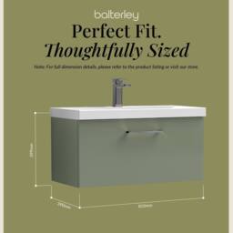 Balterley 800mm Wall Hung 1 Drawer Vanity Basin Unit, Satin Green, Pewter Handle in Green - thumbnail 5