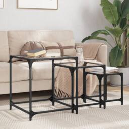 Berkfield Home Nesting Coffee Tables 3 pcs with Transparent Glass Top Steel in Black - thumbnail 2