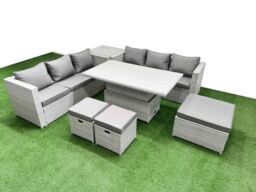 Fimous 7 PCs Rising Dining Table Set Rattan Furniture Set with 3 Seater Sofa in Light Grey - thumbnail 1