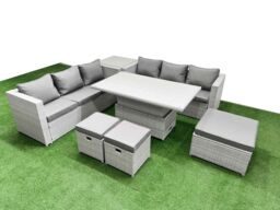 Fimous 7 PCs Rising Dining Table Set Rattan Furniture Set with 3 Seater Sofa in Light Grey - thumbnail 2