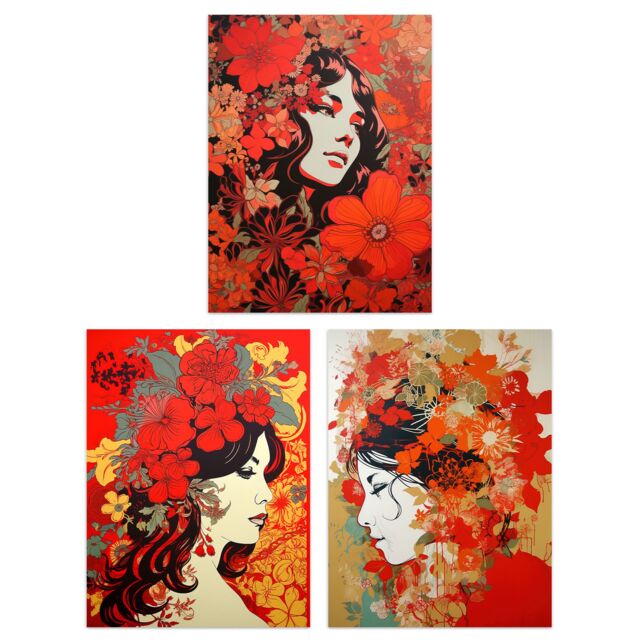 "Artery8 Set of 3 Women Faces with Red Flowers Floral Artworks Boho Portraits Unframed Wall Art Living Room Poster Prints Pack - Size: W12"" x H16""" - image 1