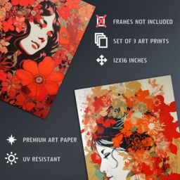 "Artery8 Set of 3 Women Faces with Red Flowers Floral Artworks Boho Portraits Unframed Wall Art Living Room Poster Prints Pack - Size: W12"" x H16""" - thumbnail 4