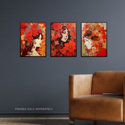 "Artery8 Set of 3 Women Faces with Red Flowers Floral Artworks Boho Portraits Unframed Wall Art Living Room Poster Prints Pack - Size: W12"" x H16""" - thumbnail 2