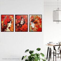 "Artery8 Set of 3 Women Faces with Red Flowers Floral Artworks Boho Portraits Unframed Wall Art Living Room Poster Prints Pack - Size: W12"" x H16""" - thumbnail 3
