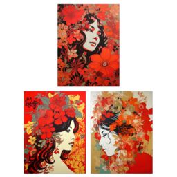 "Artery8 Set of 3 Women Faces with Red Flowers Floral Artworks Boho Portraits Unframed Wall Art Living Room Poster Prints Pack - Size: W12"" x H16""" - thumbnail 1