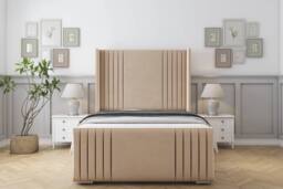 "Comfort Beds Elise Plush Bed Frame - 50"" Upholstered Wingback Headboard in Stone - Size: Double" - thumbnail 2