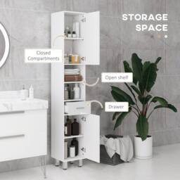 Kleankin Tall Narrow Bathroom Storage Cabinet Cupboard w/ Cabinets, White - thumbnail 4