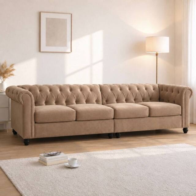 Sofaya Hampton 4 Seater Chesterfield Sofa Velvet Soft Cushion Couch in Brown - Size: 4 Person - image 1