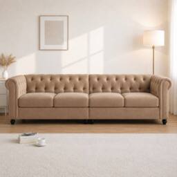 Sofaya Hampton 4 Seater Chesterfield Sofa Velvet Soft Cushion Couch in Brown - Size: 4 Person - thumbnail 2