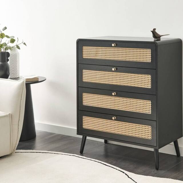 Wyld and Coco Black 4-Drawer Chest with Rattan Front and Pine Legs - image 1