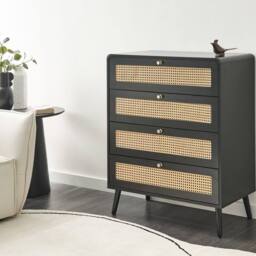 Wyld and Coco Black 4-Drawer Chest with Rattan Front and Pine Legs