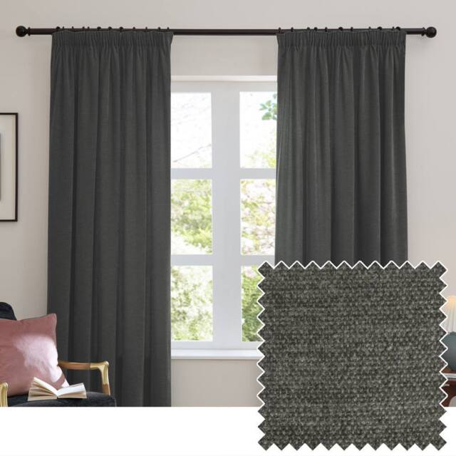 Furn Soft Chenille Blackout Pencil Pleat Curtain Pair in Charcoal - Size: 117 cm width x 137 cm drop - image 1