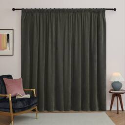 Furn Soft Chenille Blackout Pencil Pleat Curtain Pair in Charcoal - Size: 117 cm width x 137 cm drop - thumbnail 3