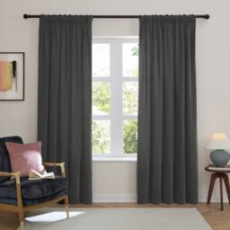 Furn Soft Chenille Blackout Pencil Pleat Curtain Pair in Charcoal - Size: 117 cm width x 137 cm drop - thumbnail 2
