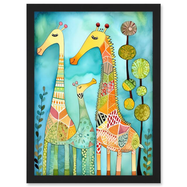 Artery8 Folk Art Giraffes Fun Cute Kids Bedroom Painting Artwork Framed Wall Art Print A4 in Black - image 1