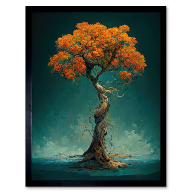 "Artery8 Wall Art Print Elegant Ancient Lone Autumn Fall Tree On Teal Art Framed in Black - Size: W12"" x H16""" - image 1