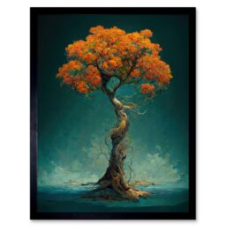"Artery8 Wall Art Print Elegant Ancient Lone Autumn Fall Tree On Teal Art Framed in Black - Size: W12"" x H16""" - thumbnail 1