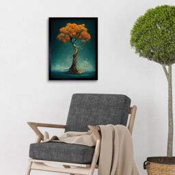 "Artery8 Wall Art Print Elegant Ancient Lone Autumn Fall Tree On Teal Art Framed in Black - Size: W12"" x H16""" - thumbnail 2