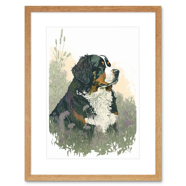 "Artery8 Wall Art Print Bernese Mountain Dog in Wild Flower Field Watercolour Artwork Framed 9X7 Inch in Beige - Size: W7"" x H9""" - image 1