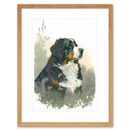 "Artery8 Wall Art Print Bernese Mountain Dog in Wild Flower Field Watercolour Artwork Framed 9X7 Inch in Beige - Size: W7"" x H9""" - thumbnail 1