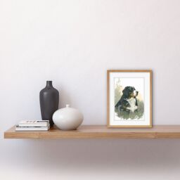 "Artery8 Wall Art Print Bernese Mountain Dog in Wild Flower Field Watercolour Artwork Framed 9X7 Inch in Beige - Size: W7"" x H9""" - thumbnail 2