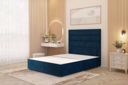 Somnior Chambery Divan Bed Frame with Floor Standing Headboard Plush Velvet in Navy - Size: King - thumbnail 1