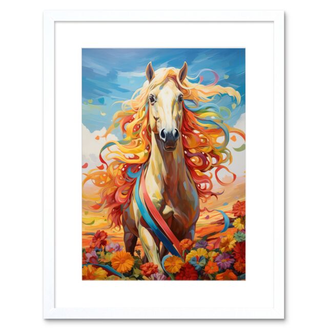 "Artery8 Wall Art Print Girls Bedroom Nursery Artwork Fantasy Horse Colourful Mane Bright Bold Fun Happy Artwork Framed 9X7 Inch - Size: W7"" x H9""" - image 1