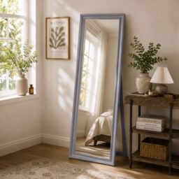 Orsina Full Length White Floor Standing Mirror, Bevelled Edges Bathroom Mirror, Stable Design Large Tall Mirror in Grey - thumbnail 2