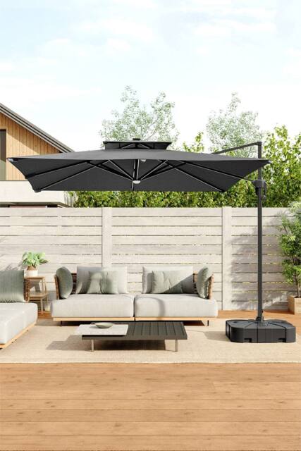 Living and Home 3M Large LED Outdoor Cantilever Parasol with Plastic Base in Dark Grey