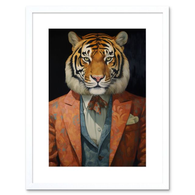 "Artery8 Wall Art Print Tiger About Town Artwork Coral Pink & Cerulean Blue Suit Conceptual Portrait Artwork Framed 9X7 Inch in White - Size: W7"" x H9""" - image 1