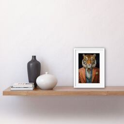 "Artery8 Wall Art Print Tiger About Town Artwork Coral Pink & Cerulean Blue Suit Conceptual Portrait Artwork Framed 9X7 Inch in White - Size: W7"" x H9""" - thumbnail 2