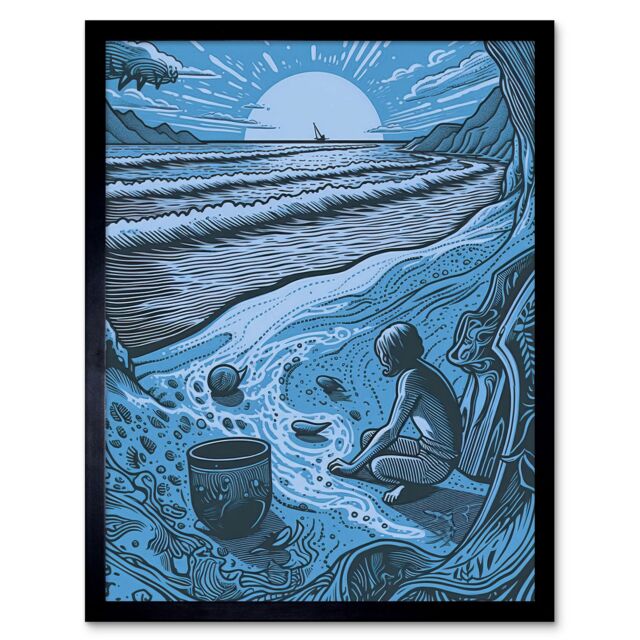 "Artery8 Wall Art Print Beachcombing Coastal Landscape Blue Art Framed in Black - Size: W12"" x H16""" - image 1