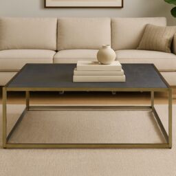 Orsina Coffee Table With Textured Shagreen Top, Deep Gold Iron Frame With Minimalist Design, Low Profile Table in Brown - thumbnail 1