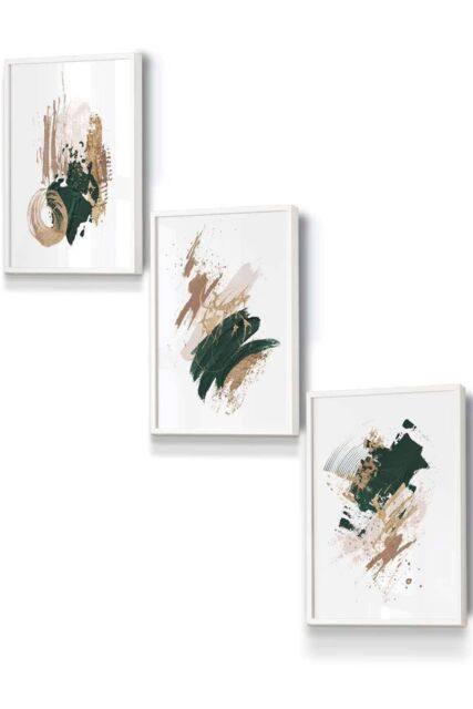 ARTZE Abstract Green Beige & Gold Oil Strokes Framed Wall Art - Small in White - Size: W33 cm x H45 cm x D20mm - image 1