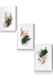 ARTZE Abstract Green Beige & Gold Oil Strokes Framed Wall Art - Small in White - Size: W33 cm x H45 cm x D20mm