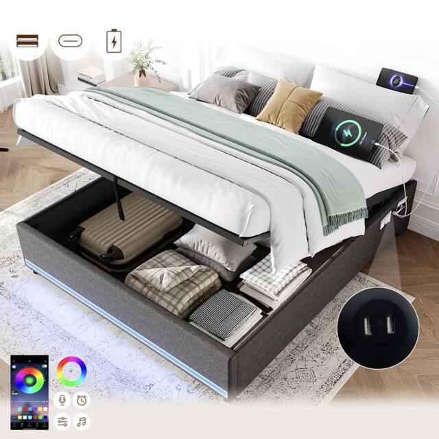 Matteo King Hydraulic Storage Bed - Linen Frame with LED Lights - Grey - image 1