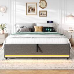 Matteo King Hydraulic Storage Bed - Linen Frame with LED Lights - Grey - thumbnail 3