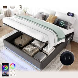 Matteo King Hydraulic Storage Bed - Linen Frame with LED Lights - Grey - thumbnail 1