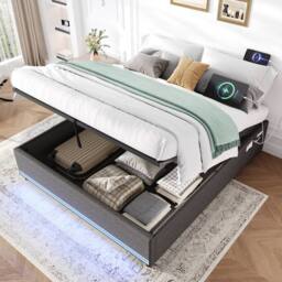 Matteo King Hydraulic Storage Bed - Linen Frame with LED Lights - Grey - thumbnail 2