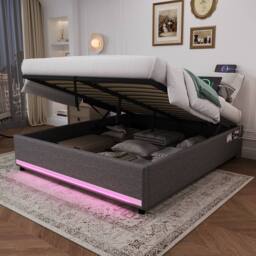 Matteo King Hydraulic Storage Bed - Linen Frame with LED Lights - Grey - thumbnail 5