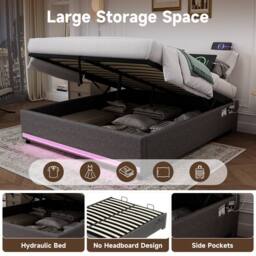 Matteo King Hydraulic Storage Bed - Linen Frame with LED Lights - Grey - thumbnail 9
