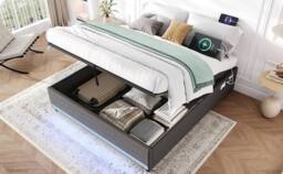 Matteo King Hydraulic Storage Bed - Linen Frame with LED Lights - Grey - thumbnail 6