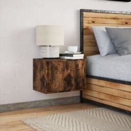 Berkfield Home Wall-mounted Bedside Cabinet with LED Lights Smoked Oak in Brown - thumbnail 4