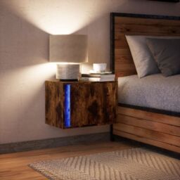 Berkfield Home Wall-mounted Bedside Cabinet with LED Lights Smoked Oak in Brown - thumbnail 5