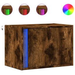 Berkfield Home Wall-mounted Bedside Cabinet with LED Lights Smoked Oak in Brown - thumbnail 2