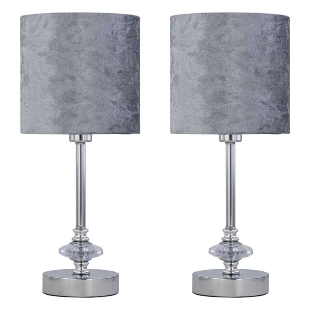 First Choice Lighting Set of 2 Chrome Jewelled Table Lamp with Grey Crushed Velvet Shades in Silver - image 1