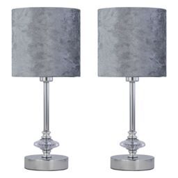 First Choice Lighting Set of 2 Chrome Jewelled Table Lamp with Grey Crushed Velvet Shades in Silver - thumbnail 1